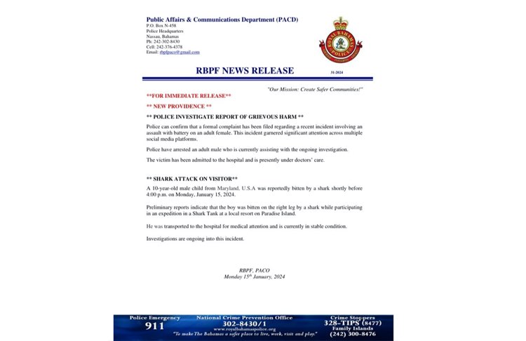Royal Bahamas Police Force Comunicato Stampa