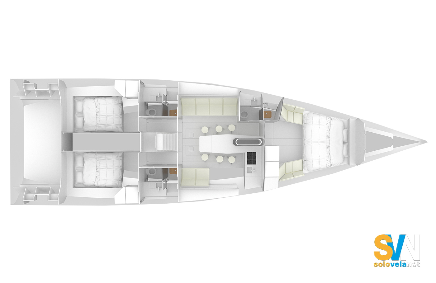 Cabina di prua con letto centrale