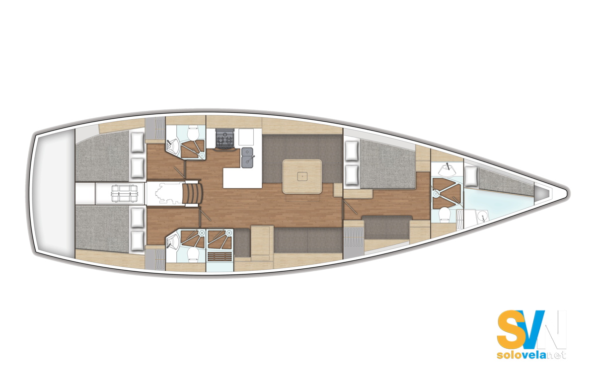 Layout opzionale. Letto armatoriale a prua e cabina equipaggio