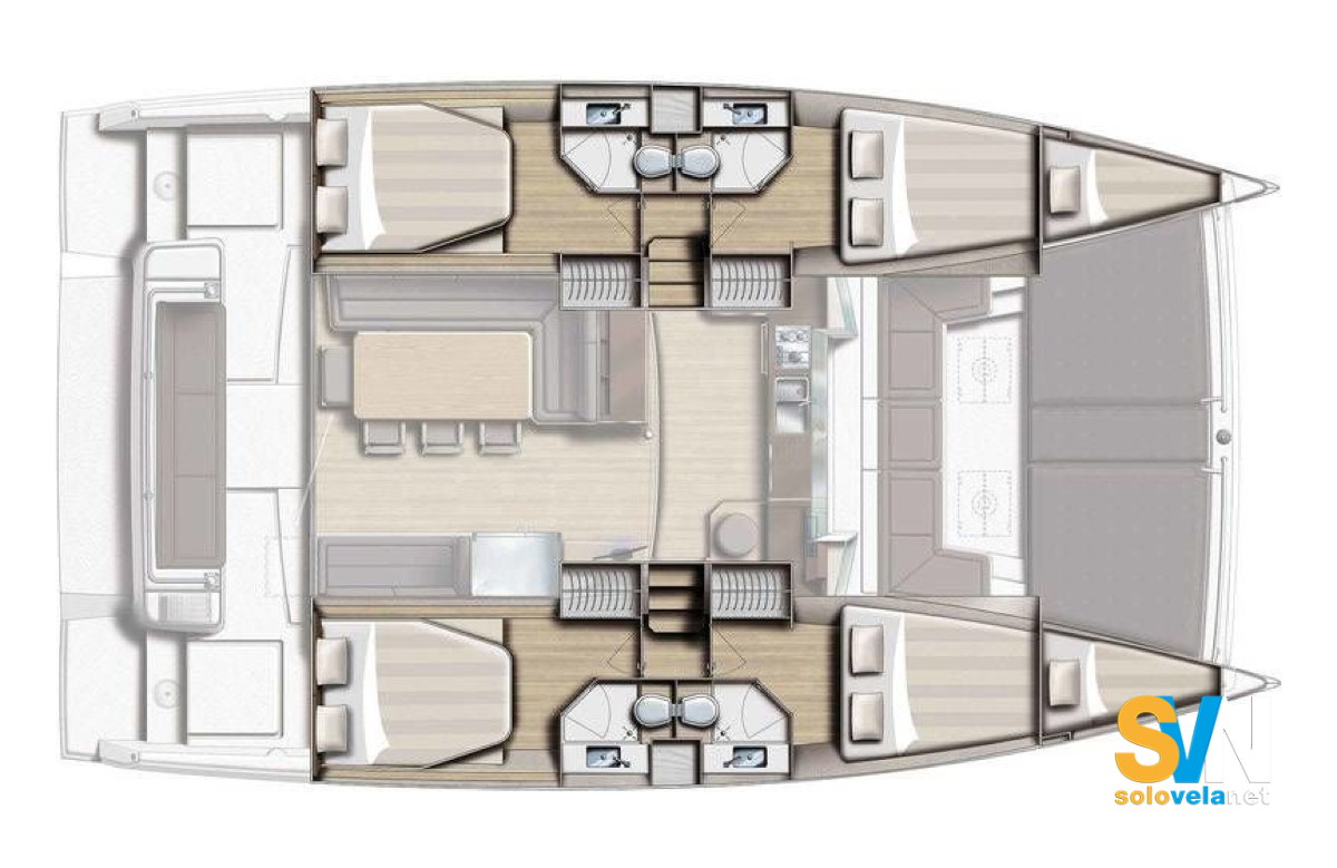 4 cabine, 4 bagni e 2 cabine equipaggio