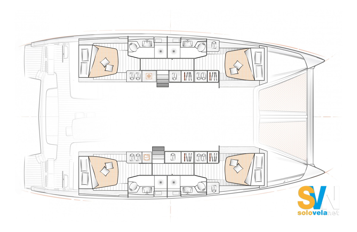 Quattro cabine gemelle, due per scafo, ognuna con bagno