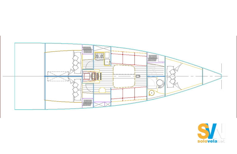 La planimetria della barca con 3 cabine e 1 bagno