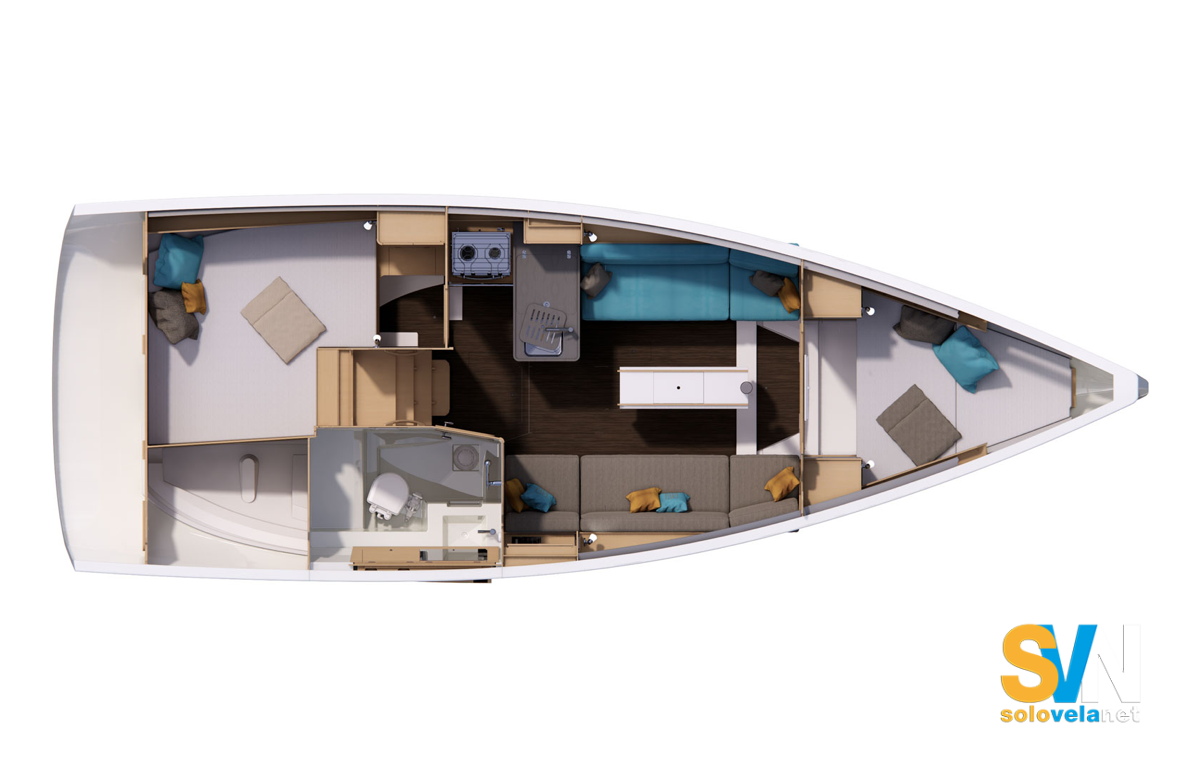 Layout interni con 2 cabine e 1 bagno