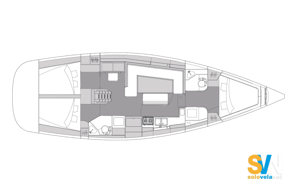 Versione standard con 3 cabine e 2 bagni