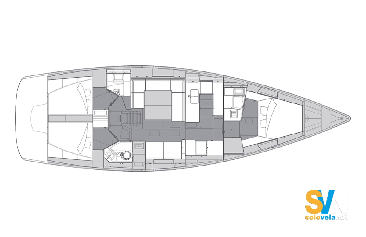Versione standard. Cabina armatoriale a prua e due cabine gemelle a poppa