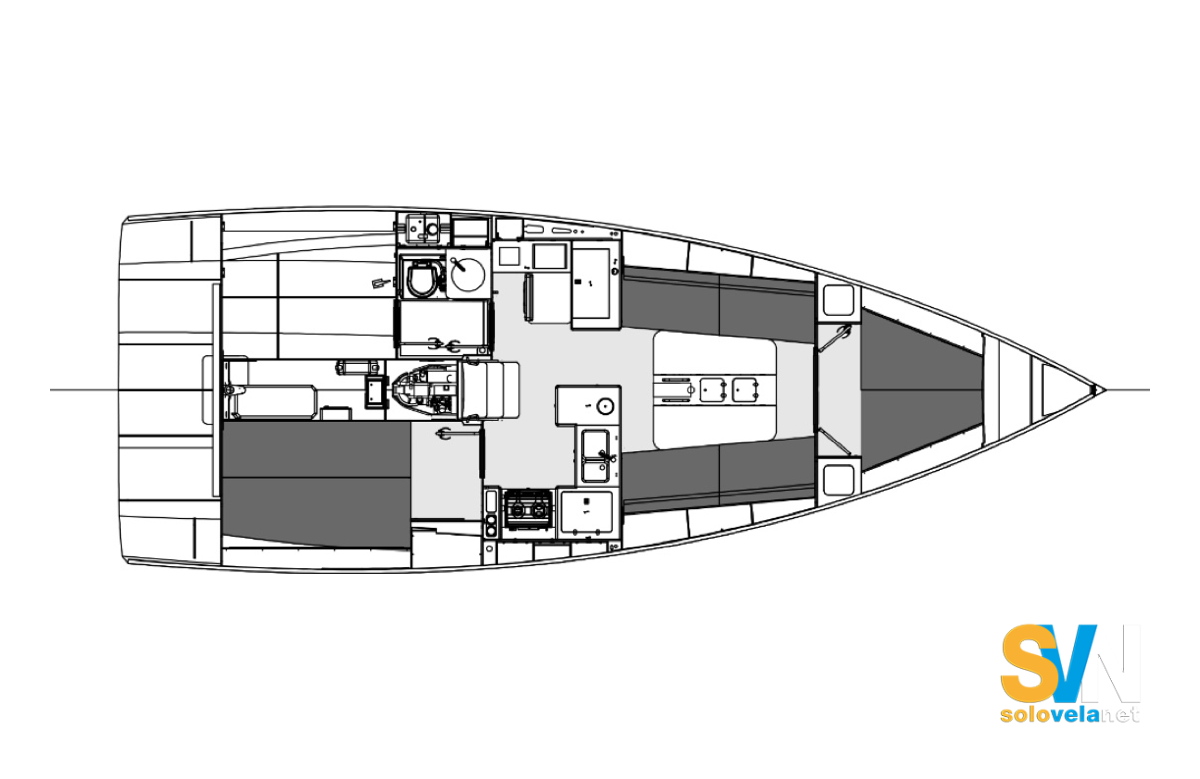 La planimetraia della barca con 2 cabine e 1 bagno