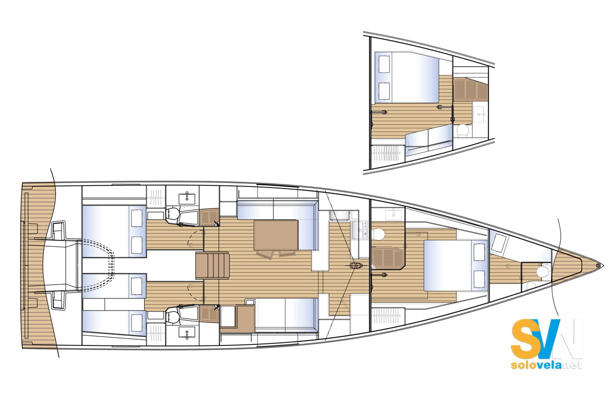 La cabina armatoriale a prua può avere il letto centrale o laterale