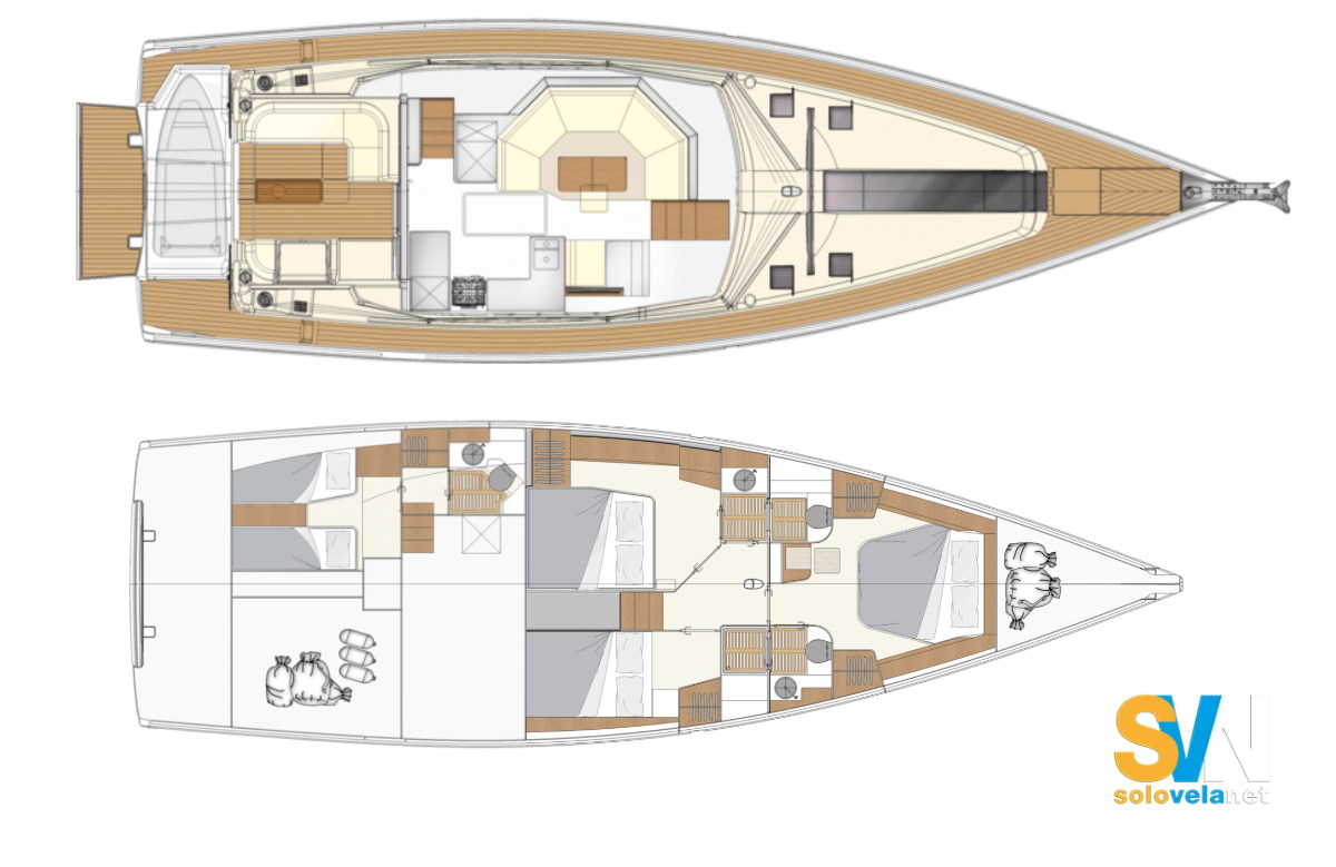 Layout standard, con la cucina nel deck saloon