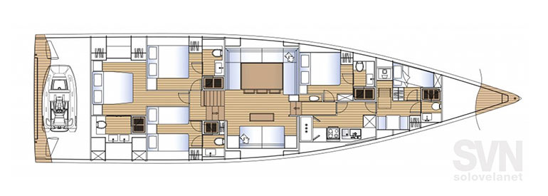 4 cabine e 4 bagni con quartiere equipaggio a prua