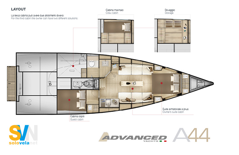 Layout modulabile. La terza cabina può essere trasformata in una zona stivaggio