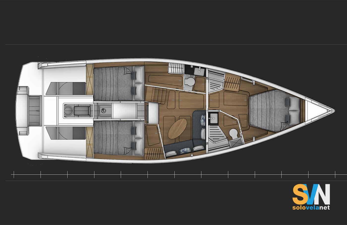 Layout con 3 cabine e 2 bagni