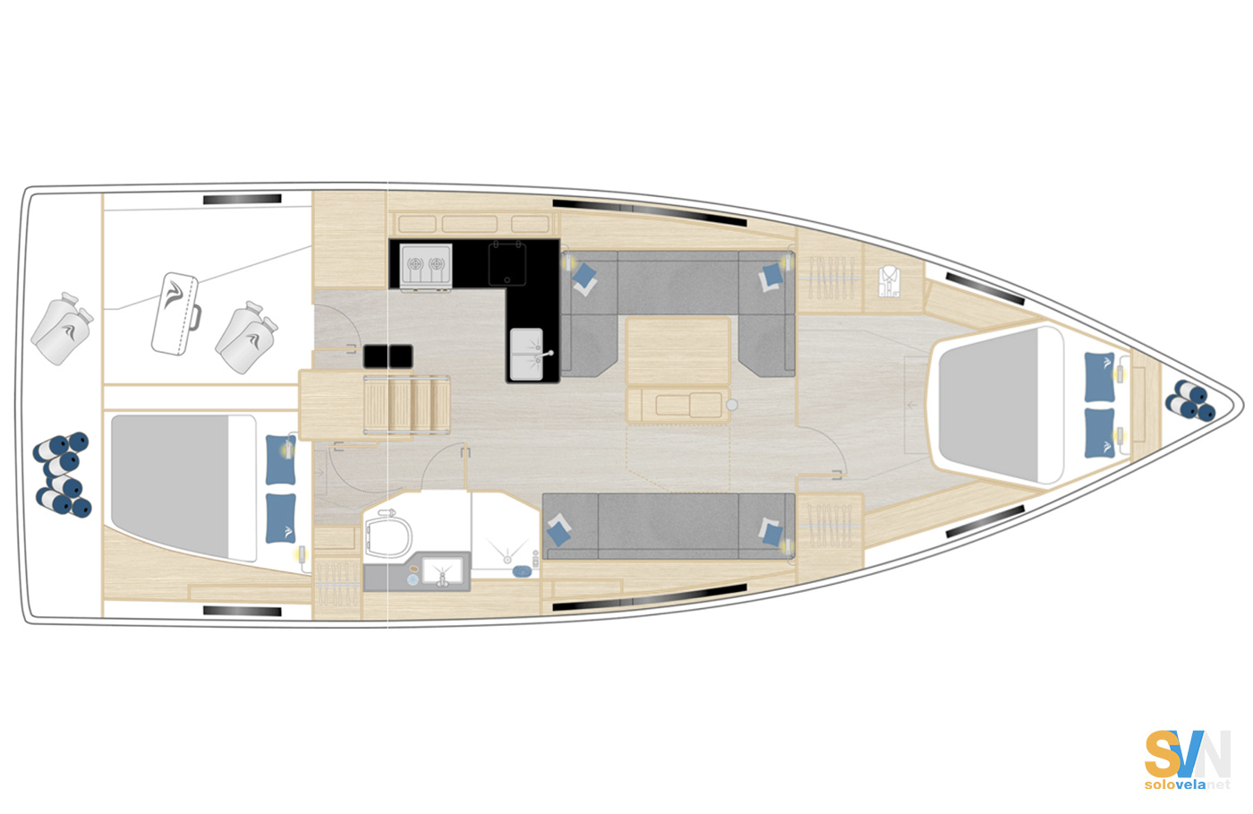 Versione armatoriale con 2 cabine e 1 bagno