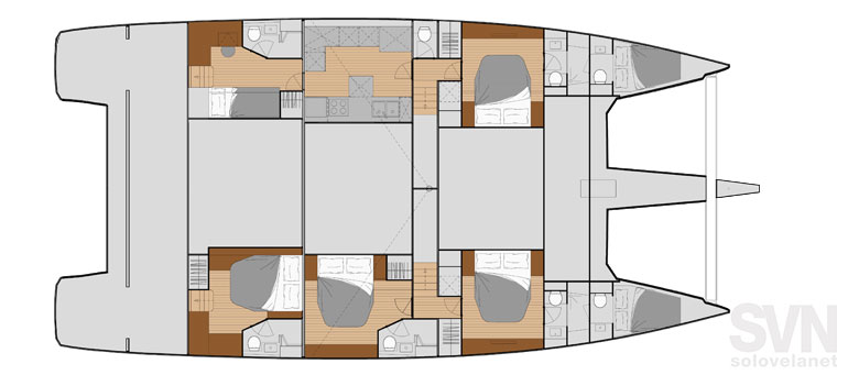 Versione con una cabina con i letti a castello e la cucina separata